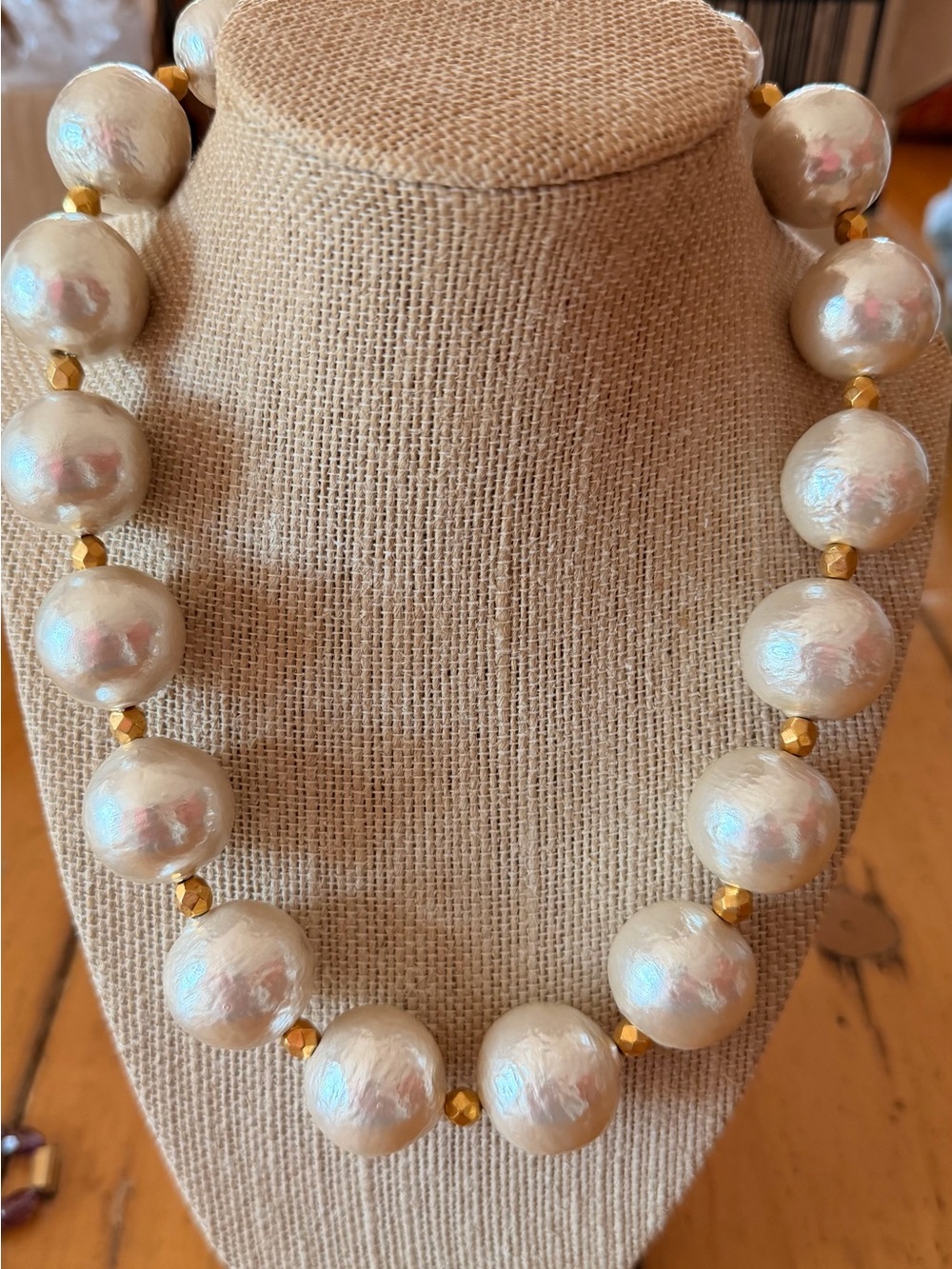 Elegant Cream Hollow Pearl like Bead Necklace with Gold Accent 19”